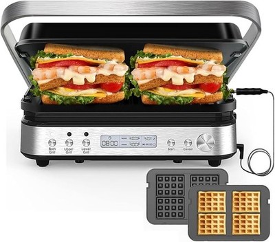 CATTLEMAN Panini Press Grill 1600W 6 in 1 Removable Plates Black