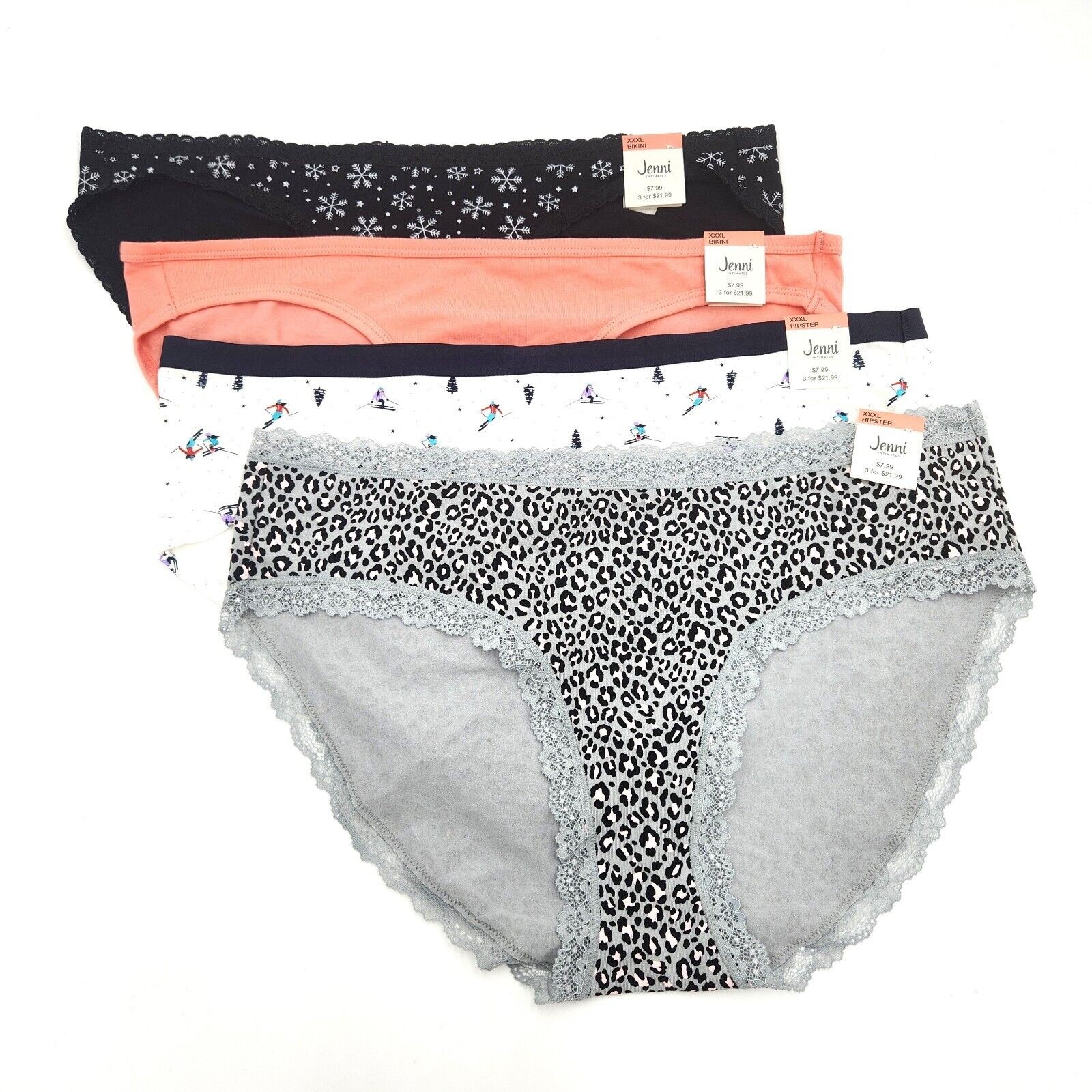 Jenni Women Multi Cotton Comfort Casual 4-Pk Hipster/Bikini Panties Set Size 3XL