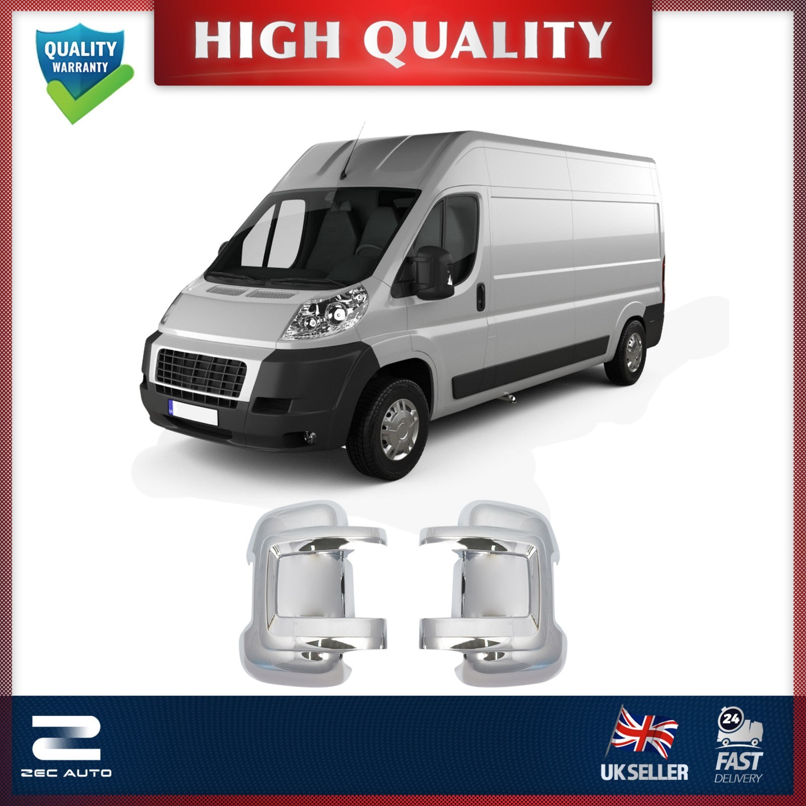 FOR PEUGEOT BOXER 2006-2024 CHROME WING MIRROR COVERS SHORT ARM ABS CAPS PAIR 2P