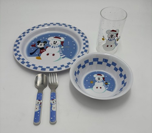 Vintage 90s Disney 5-pice dinnerware set Snowman Mickey Plate Bowl Cup Utensils - 第 1/11 張圖片