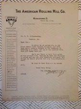 1916 American Rolling Mill Co Customer Letter Middletown Ohio