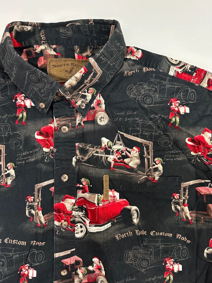 Рождественская гавайская рубашка мужская XXL Hot Rod автомобили Санта эльф праздник на пуговицах черная - Изображение 2 из 4