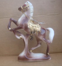 Vintage Ceramic Rearing Horse Rhinestone Eyes Gold Saddle Figurine 12" 1960s MCM