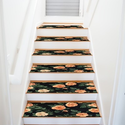 Orange Rose Green Leaf Pattern Stair Mat, Soft And Durable, Machine Washable A