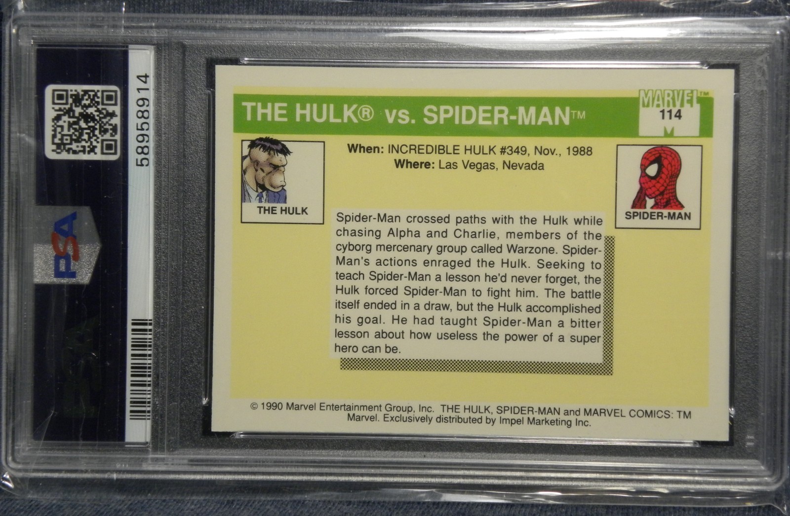 1990 Impel Marvel Universe #114 The Hulk vs. Spider-Man PSA-9 Mint view 3