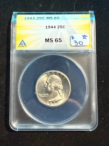 1944 WASHINGTON QUARTER ANACS MS 65