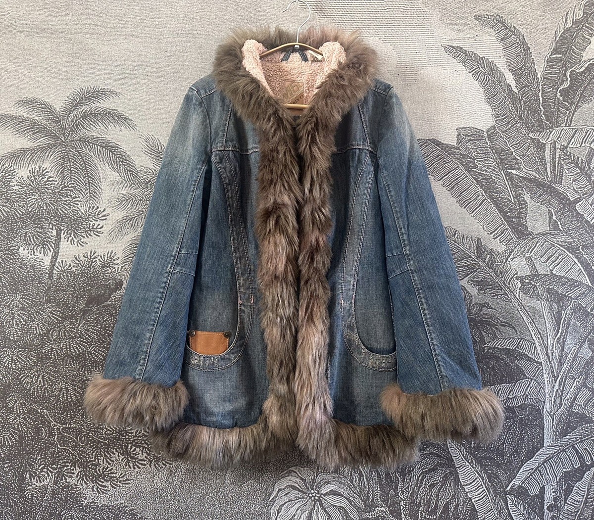 Vintage Y2K MISS SIXTY 60 Denim Jacket Afghan Faux Fur Trim Blue