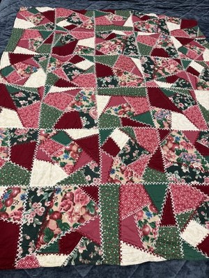 Vintage Red White Green Maroon Handmade Crazy Quilt 59in X 49in Christmas