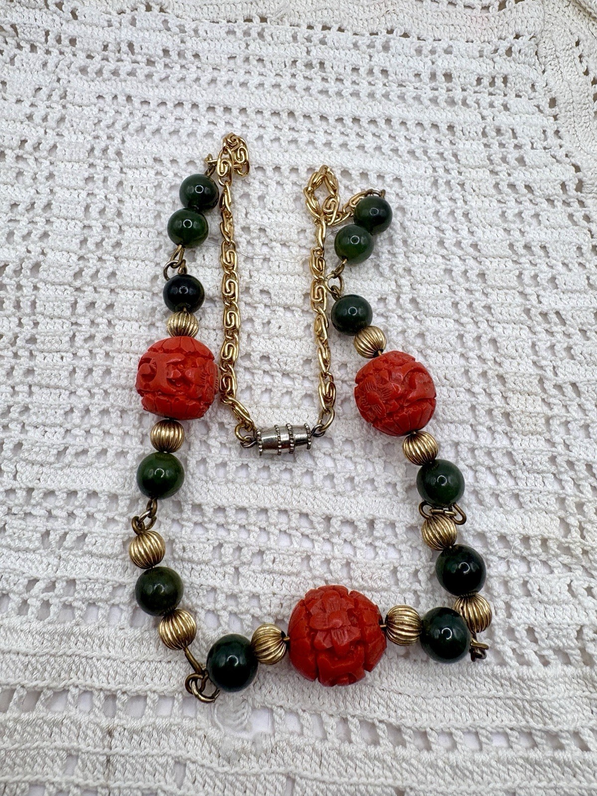 Vintage Cinnabar Carved Beads And Nephrite Jade Goldtone Necklace