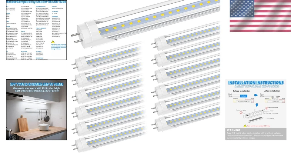2FT LED Tube Lights, Ballast Bypass, Double End Powered - Image 2 of 4