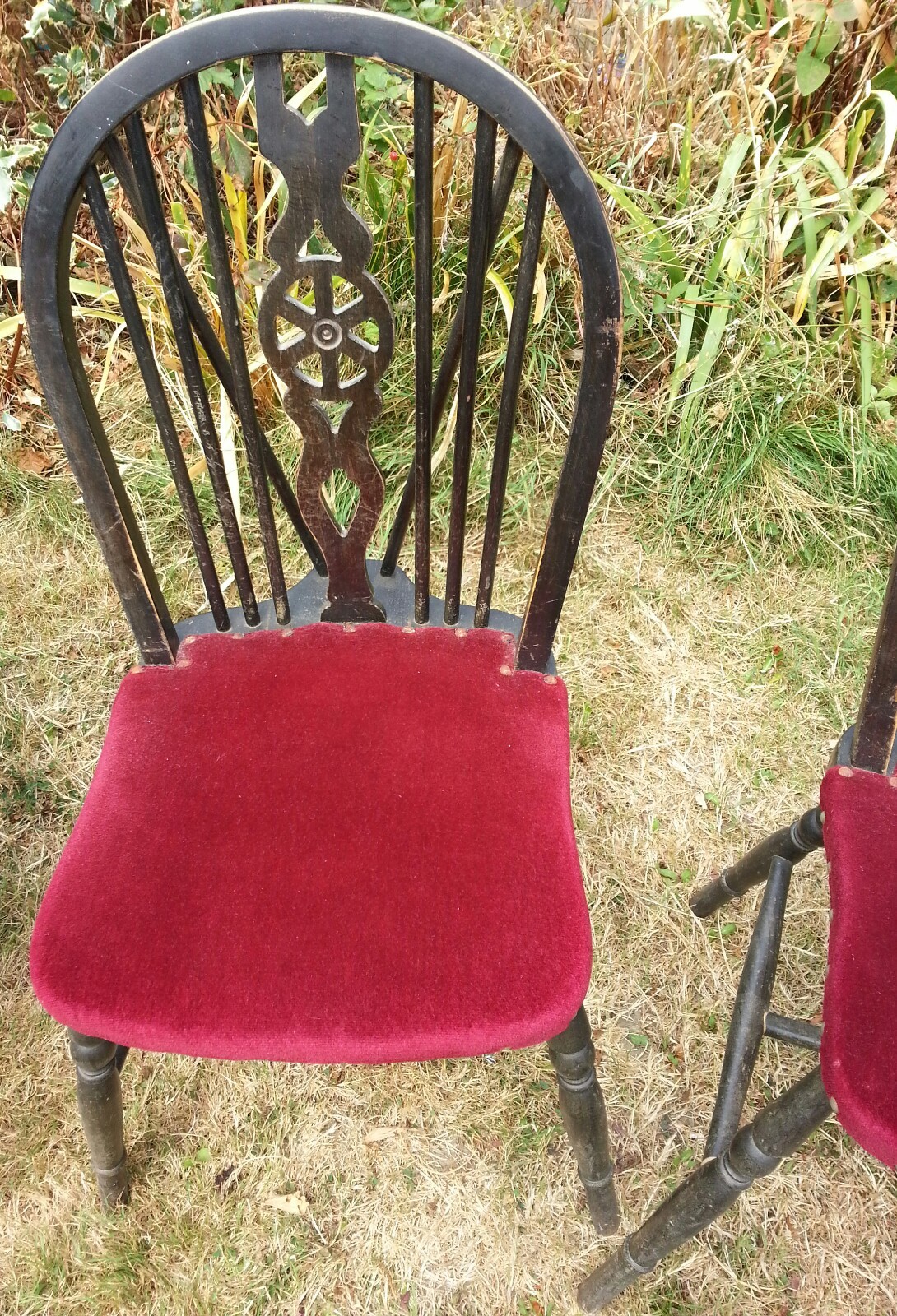 Four Antique Windsor Wheelback Dining Chairs Red Velvet seat eBay