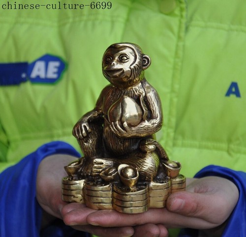 4'' China brass Chinese Zodiac animal peach monkey wealth coin Feng Shui statue - Picture 3 of 7