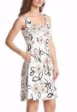 Nine West White Pebble Combo Topstitch Stretch Cotton Fit &Flare Dress w/Pockets