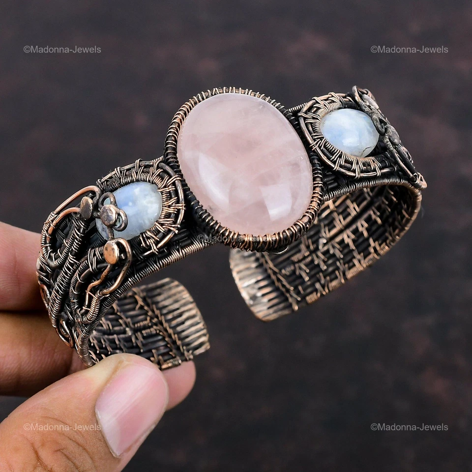 Brazalete ajustable envuelto en alambre para amigo regalo de cobre joyería cuarzo rosa Foto 3 de 4