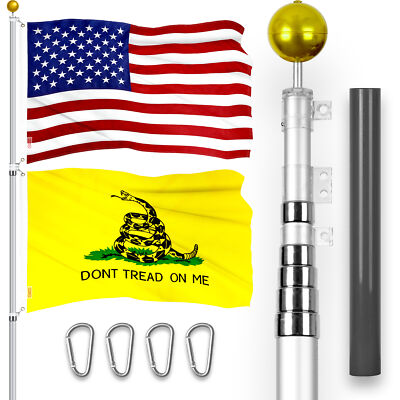 25 Ft Telescoping Flagpole Silver & American and Gadsden Flags Emb 300D 3x5Ft