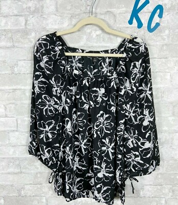 BANANA REPUBLIC SILKY FEEL FLOWY PLEATED BLACK WHITE PRINT BUBBLE SLEEVE XS