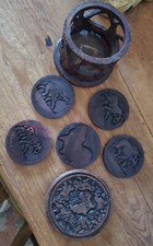 Vintage Hand Carved Ebony Wood 5 Coaster Set African Jungle Safari Animals Lid