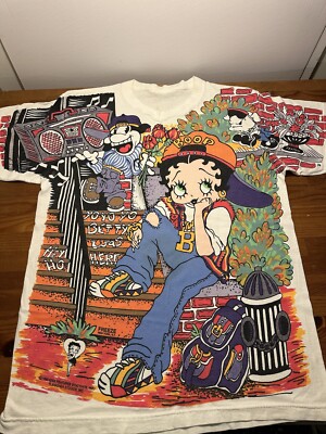 Vintage Betty Boop T-Shirt All Over Print Sz Large Hip Hop Cartoon