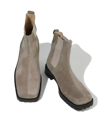 Firenze Atelier Men's Ash Beige Suede Split Square Toe Chelsea Boots Ankle Boots