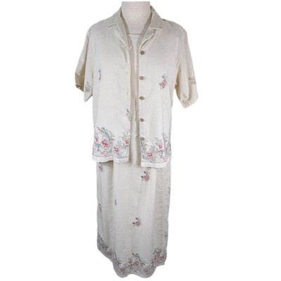 Keren Hart 2 Pc Midi Dress Linen Blend Womens Medium Ivory Cream Embroidery