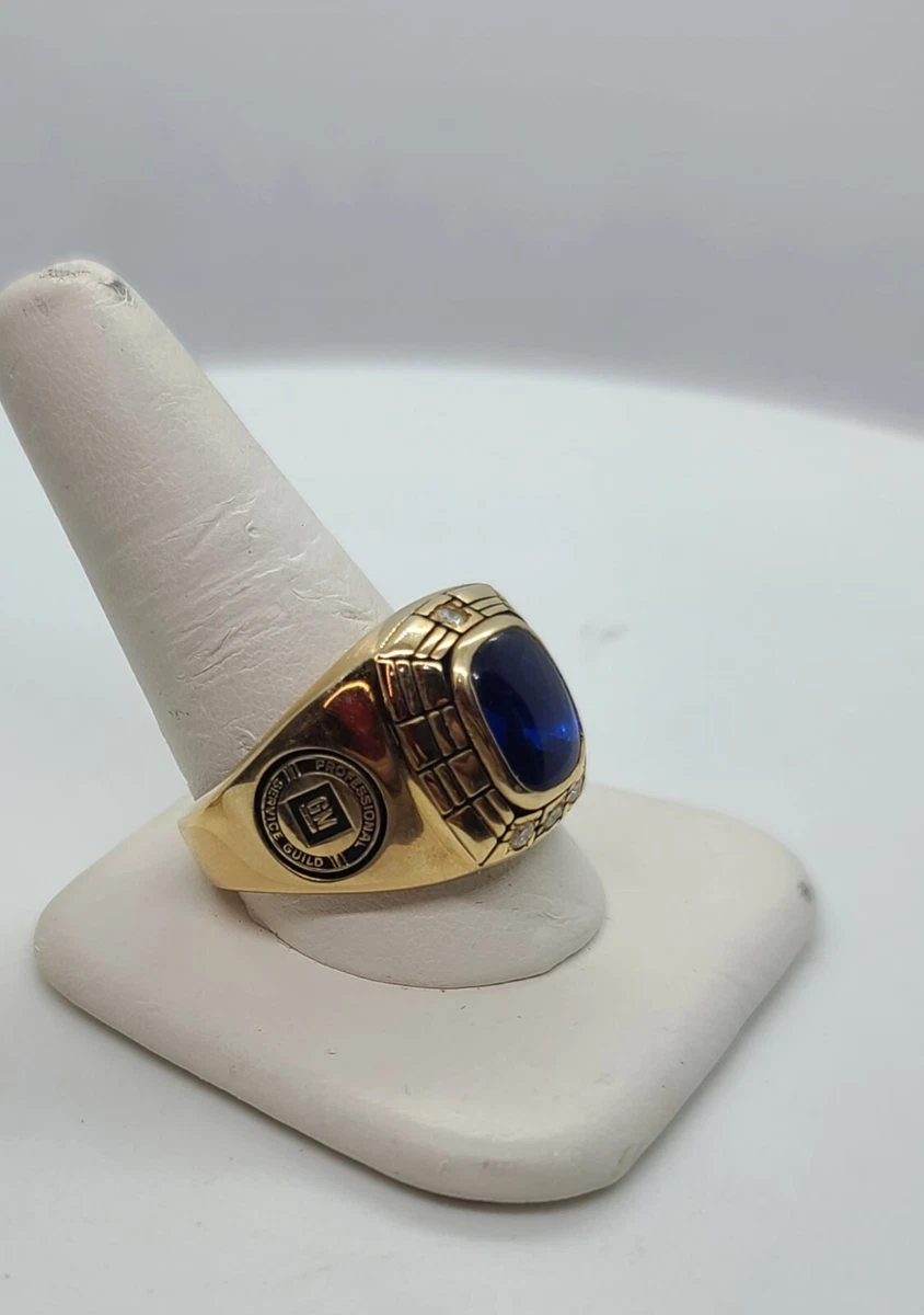 General motors professional service guild mens diamond 10k gold ring blue stone