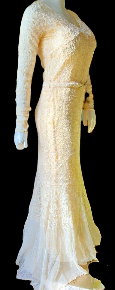 1920s ART DECO Antique Gown Dress Ivory Silk Lace Flapper Slim Mermaid B34" READ - Image 2 of 4
