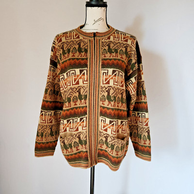 Arcohi's Alpaca Peruvian Mayan Zip-Up Cardigan Crewneck Pocket Brown Bust 42''