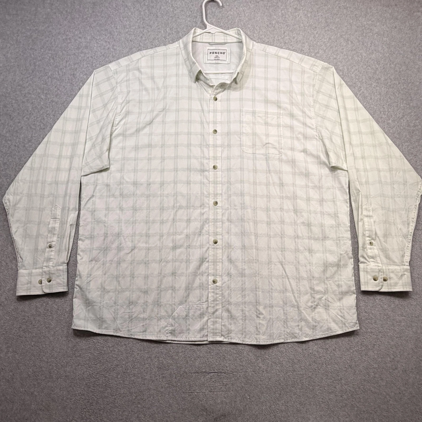 Poncho Shirt Mens XXL White Green Plaid Long Sleeve Button Front Stretch Casual