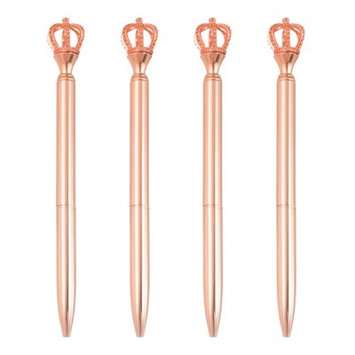 Crown Ballpoint Pen, 4 Pcs 1.0mm Black Ink Metal Pen with Crown Top, Rose Gold