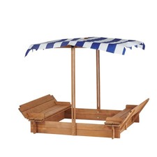 Wooden Kids Sandbox with Adjustable Canopy Foldable Bench Seats