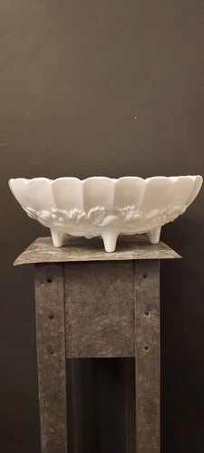 Indiana Milk Glass Large Oval Embossed Fruit Footed Bowl Vintage