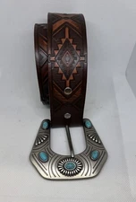Shyanne Sz S Brown Leather Embossed Aztec Western Turquoise NWOT Women’s
