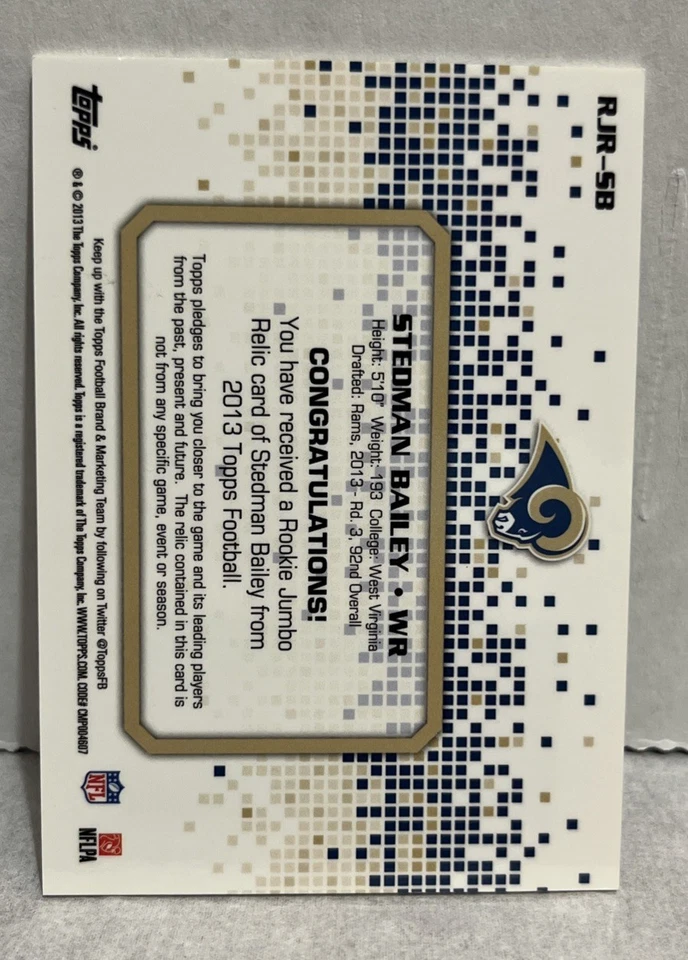 2013 Topps - Rookie Jumbo Relic #RJR-SB Stedman Bailey (MEM, RC) - Image 2 of 2