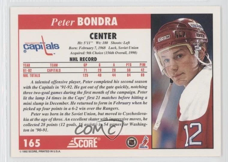 1992-93 Score Peter Bondra #165 - Image 2 of 2