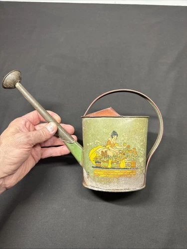 Vintage J. Chein Tin Litho Children's Watering Can, Lady Watering Flowers
