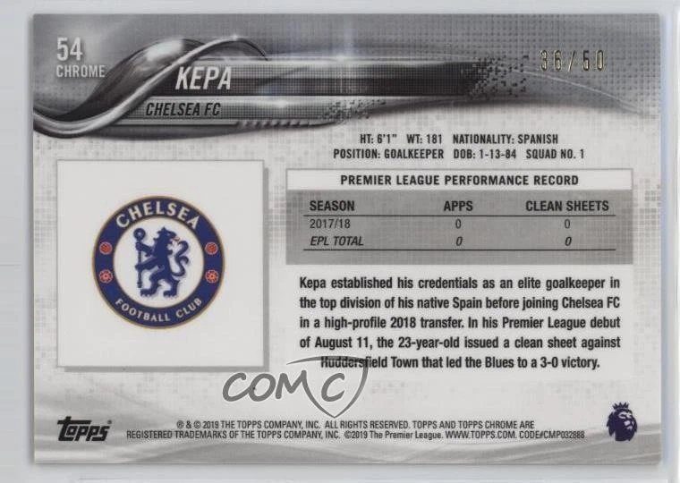 2018 Topps Chrome Premier League Gold Refractor /50 Kepa Arrizabalaga Rookie RC - Image 2 of 2