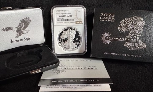 2025 W American Silver Eagle Laser Engraved Privy NGC PF69 UC, OGP/COA Included