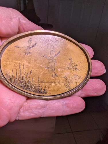 solid brass skrimshaw ducks belt buckle