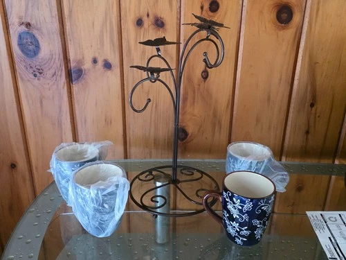 Temp-tations Floral Lace Set Of 4 Blue Mugs With Metal Butterfly Rack New In Box