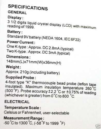 1x DE-3004 Dual Digital Thermometer K Sensor -50~+1300°C -58~+1999°F 0,1°C/°F DER EE - Bild 5 von 8
