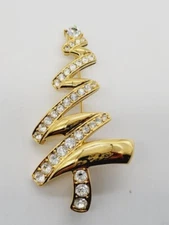 MONET Christmas Tree Brooch Pin Crystal Gold Tone Zig Zag Vintage #138