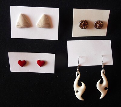4 Pair Of Assorted PIERCED EARRINGS - Polished Stone, Red Hearts, Beige Dangling