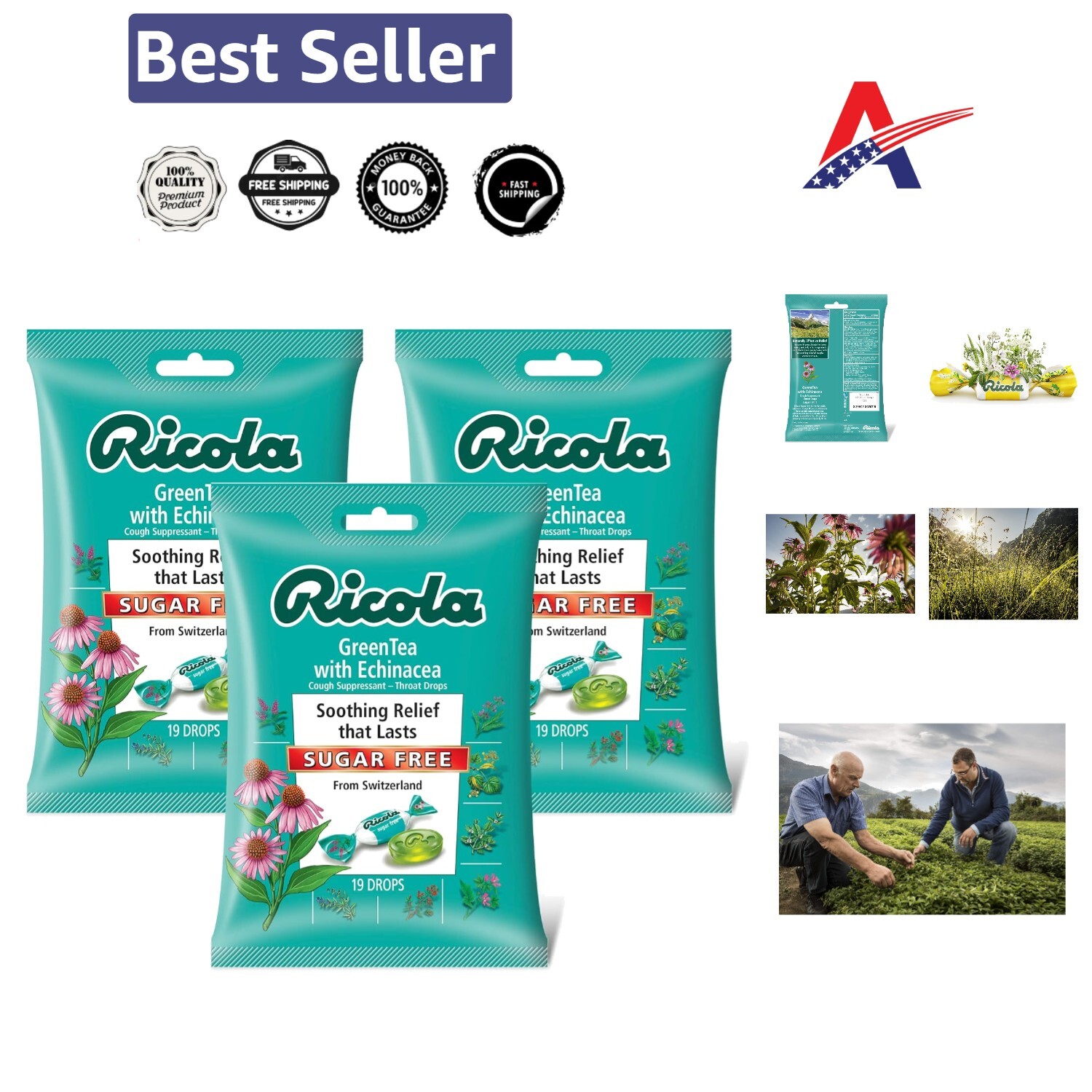 Swiss Herbal Green Tea Drops with Echinacea - Natural Cough Suppressant, 19ct