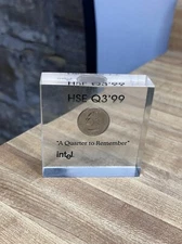 HSE Q3'99 "A Quarter to Remember" INTEL Lucite Paperweight Quarter Dollar 1999