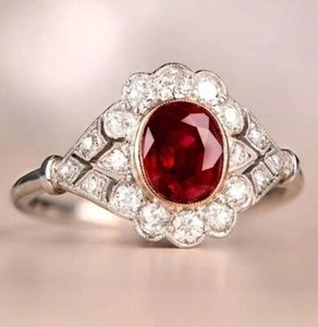 Authentic Vintage 2.00Ct Oval Cut Simulated Red Ruby Engagement Ring 14k White Gold Plated