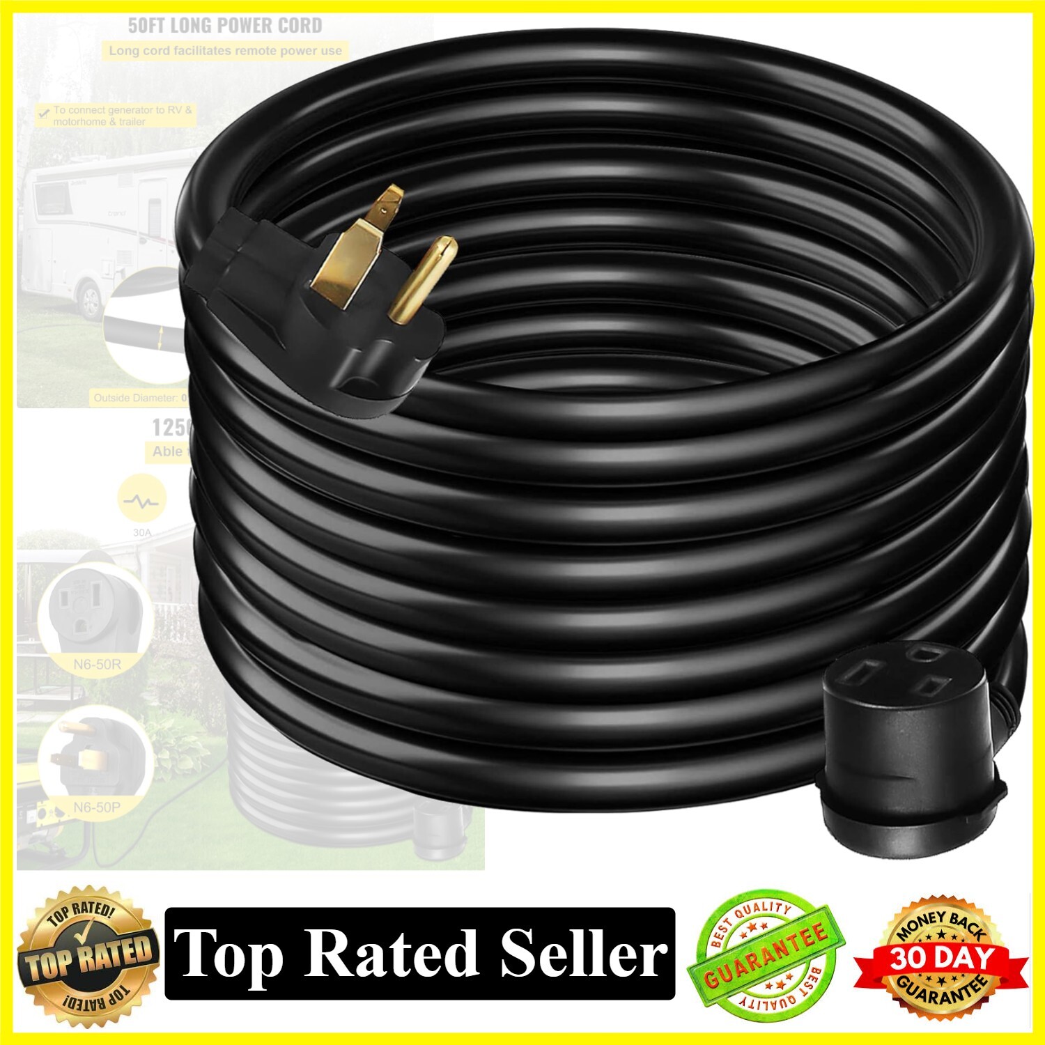 Extension Cord 50ft 250 Volt 10 Gauge Heavy Duty Black Welder Extension Cord-image