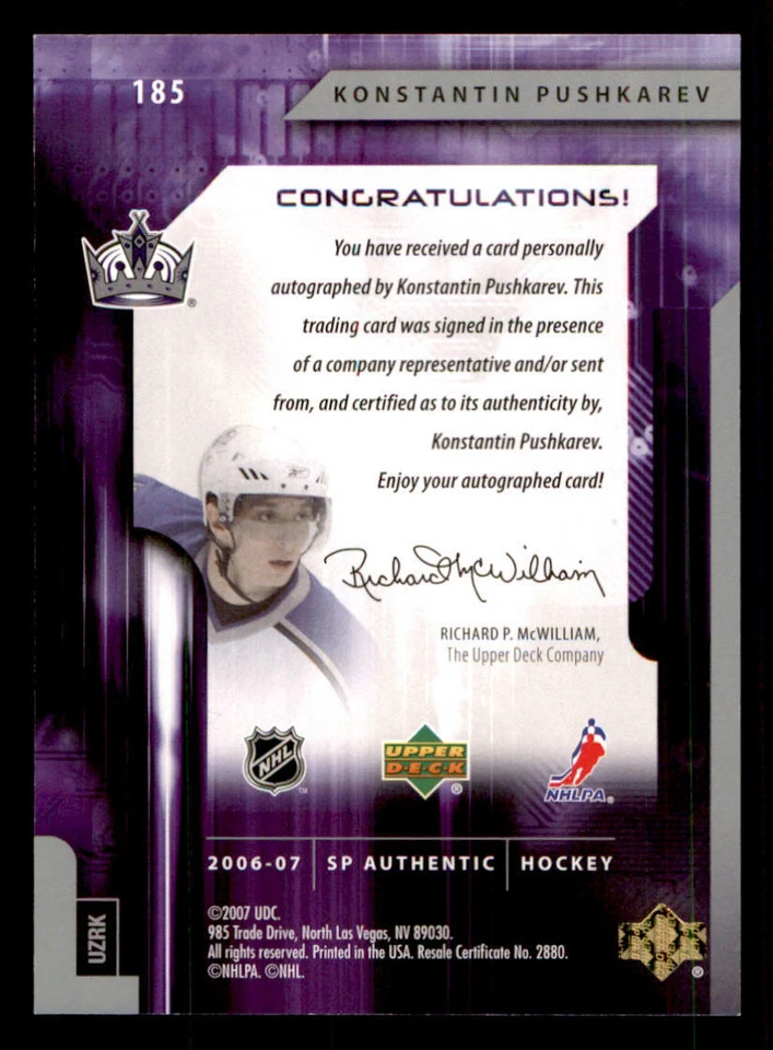 2006-07 SP Authentic #185 Konstantin Pushkarev AU RC /999 (ref 240139) - Image 2 of 2
