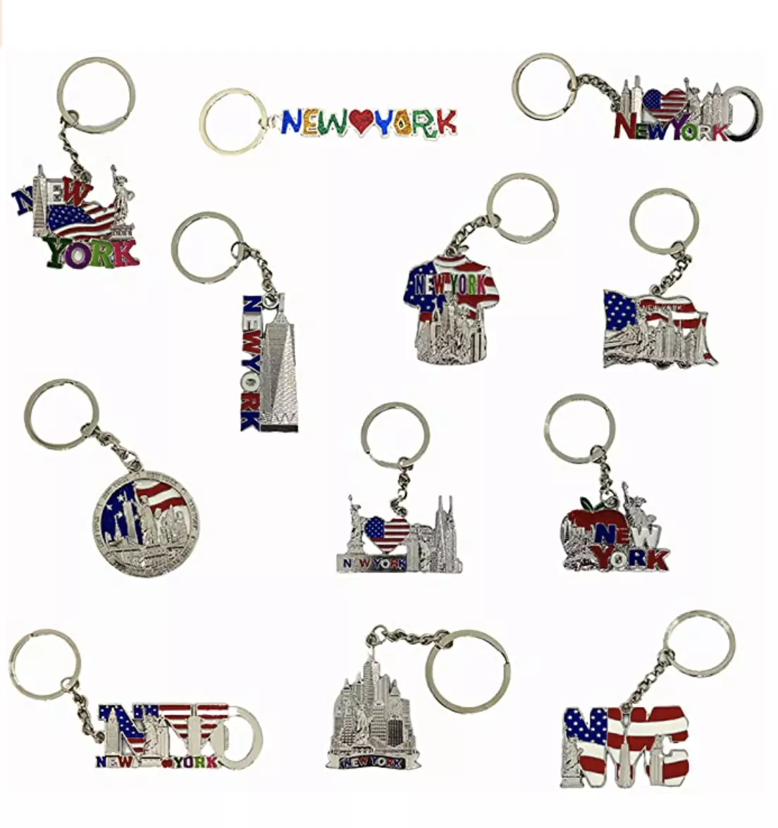 12 Pack NYC Silver Souvenir Collection New York Metal Keychain Ring Bundle  Bulk Includes 3pc Bottle Opener, Empire State, Freedom Tower, Statue Of