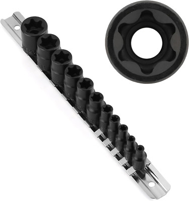 11PCS Female Torx Socket Set, E Torx & Star Socket Set with Rail, E4 - E20 Torqu