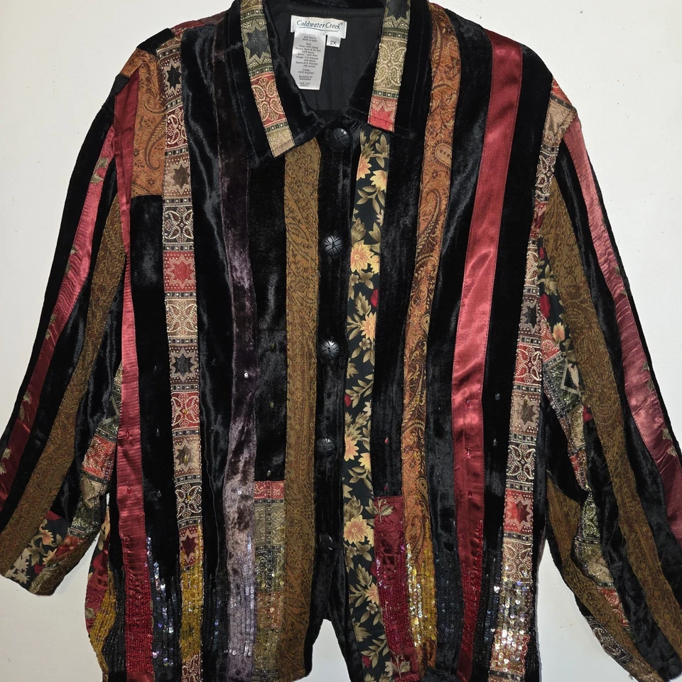 Chaqueta Coldwater Creek Patchwork 2X Lentejuelas Medios Mixtos Hippie Boho Artística Y2K Foto 2 de 4